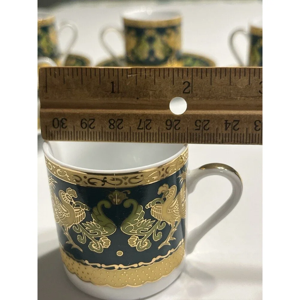 Italy Design Heavy Gold & Green Chicken Rooster Floral Demitasse Cup Saucer 10pc